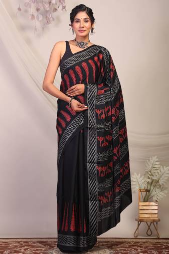 black & red embellished modal silk blend bhagalpuri ethnic saree with unstitched blouse