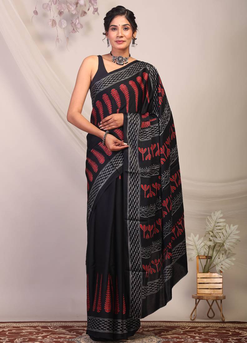 black & red embellished modal silk blend bhagalpuri ethnic saree with unstitched blouse