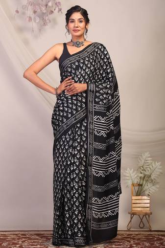 black & white embellished modal silk blend bhagalpuri ethnic saree with unstitched blouse