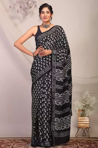 black & white embellished modal silk blend bhagalpuri ethnic saree with unstitched blouse