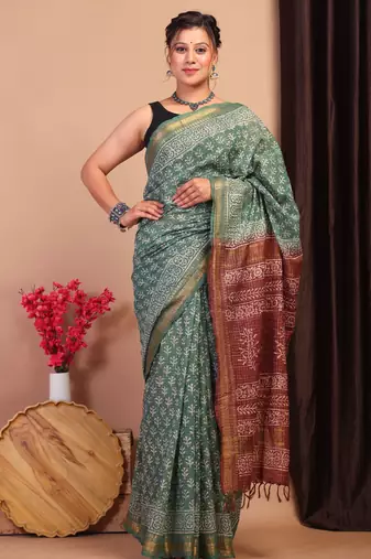 green & brown zari work, dabu embroidery cotton silk blend bhagalpuri ethnic saree with unstitched blouse