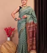 green & brown zari work, dabu embroidery cotton silk blend bhagalpuri ethnic saree with unstitched blouse
