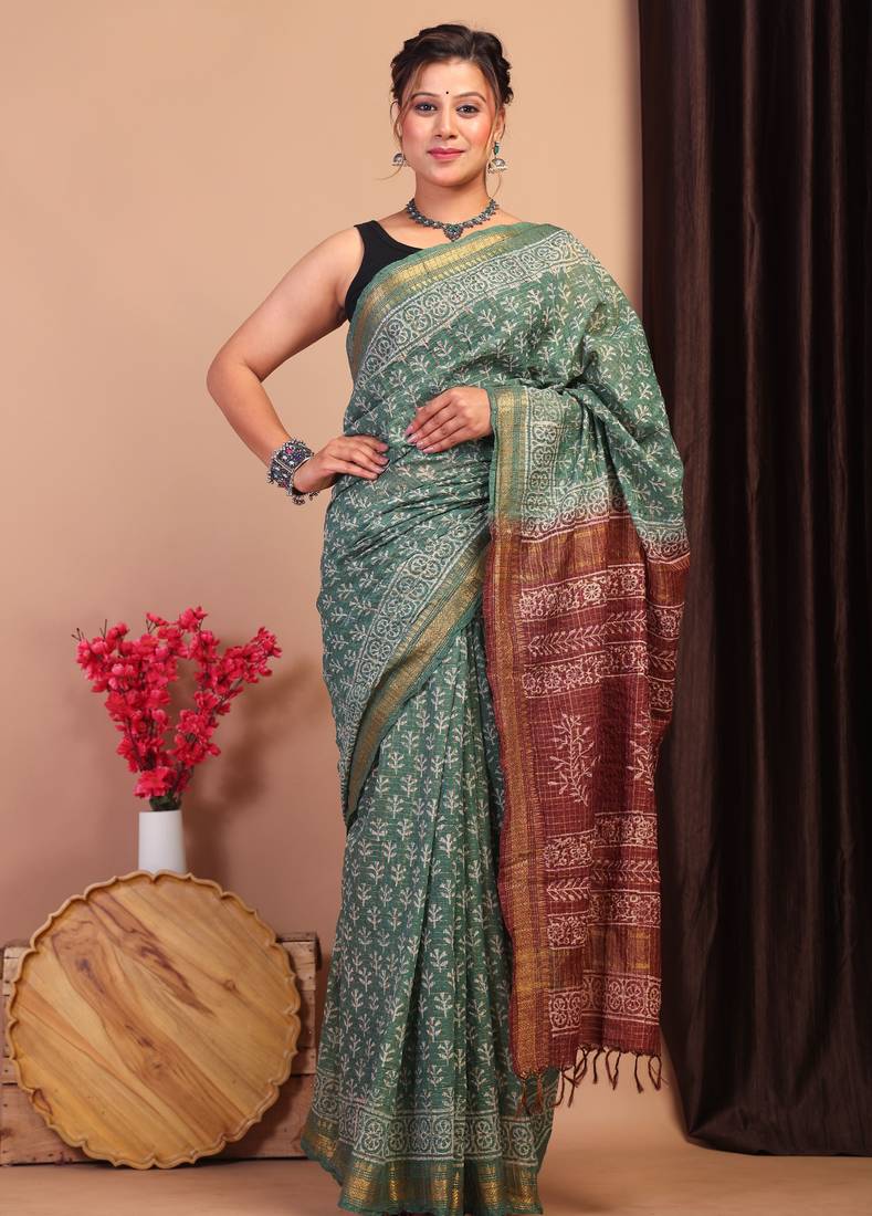 green & brown zari work, dabu embroidery cotton silk blend bhagalpuri ethnic saree with unstitched blouse
