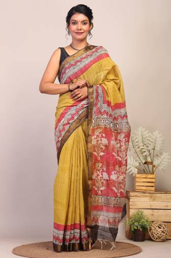 olive green & red zari work cotton silk blend bhagalpuri ethnic saree with unstitched blouse