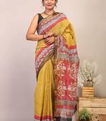 olive green & red zari work cotton silk blend bhagalpuri ethnic saree with unstitched blouse