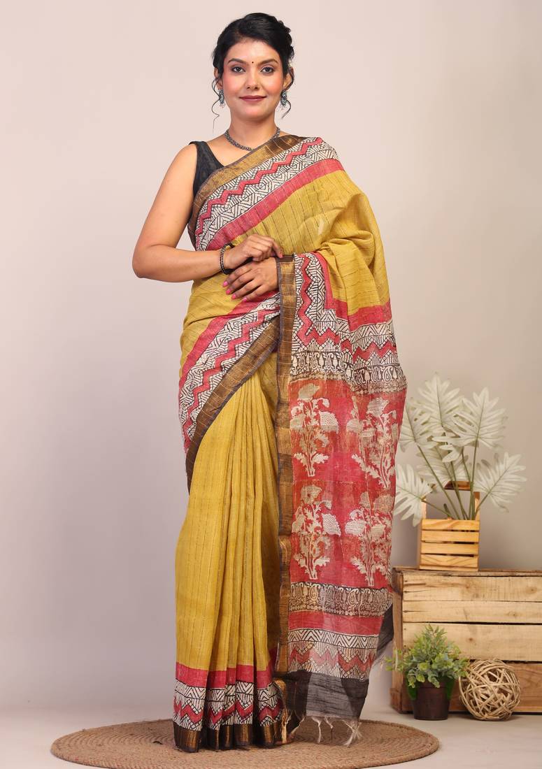 olive green & red zari work cotton silk blend bhagalpuri ethnic saree with unstitched blouse