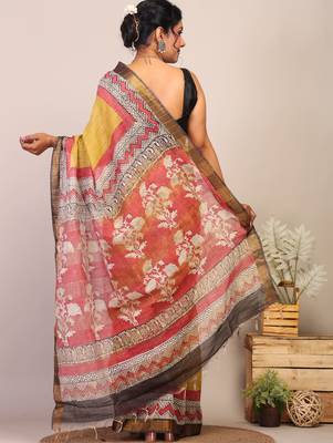 olive green & red zari work cotton silk blend bhagalpuri ethnic saree with unstitched blouse 2