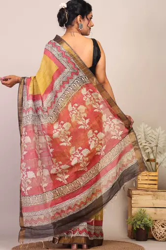 olive green & red zari work cotton silk blend bhagalpuri ethnic saree with unstitched blouse