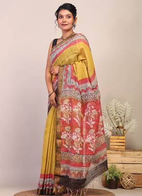 olive green & red zari work cotton silk blend bhagalpuri ethnic saree with unstitched blouse 3