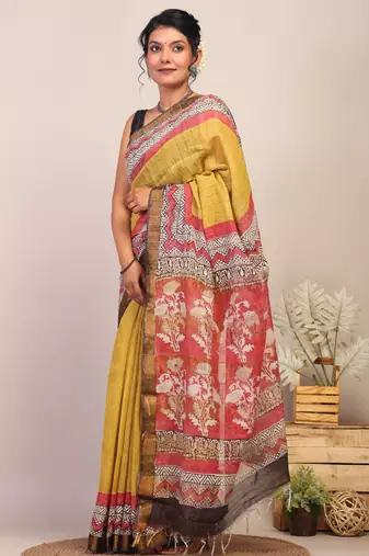 olive green & red zari work cotton silk blend bhagalpuri ethnic saree with unstitched blouse