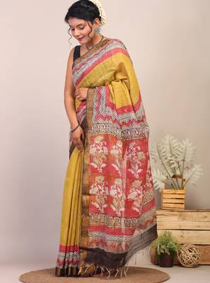 olive green & red zari work cotton silk blend bhagalpuri ethnic saree with unstitched blouse 4