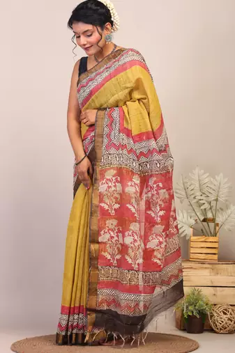 olive green & red zari work cotton silk blend bhagalpuri ethnic saree with unstitched blouse