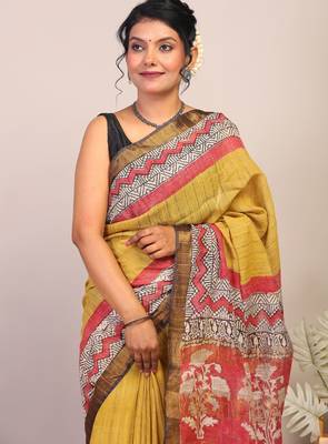 olive green & red zari work cotton silk blend bhagalpuri ethnic saree with unstitched blouse 5