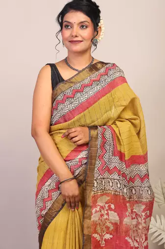 olive green & red zari work cotton silk blend bhagalpuri ethnic saree with unstitched blouse