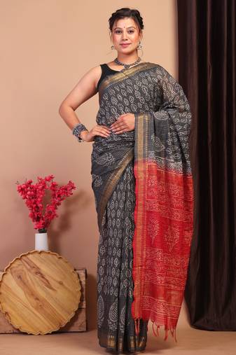 black & red zari work, dabu embroidery cotton silk blend bhagalpuri ethnic saree with unstitched blouse
