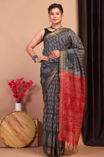 black & red zari work, dabu embroidery cotton silk blend bhagalpuri ethnic saree with unstitched blouse