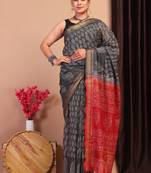 black & red zari work, dabu embroidery cotton silk blend bhagalpuri ethnic saree with unstitched blouse
