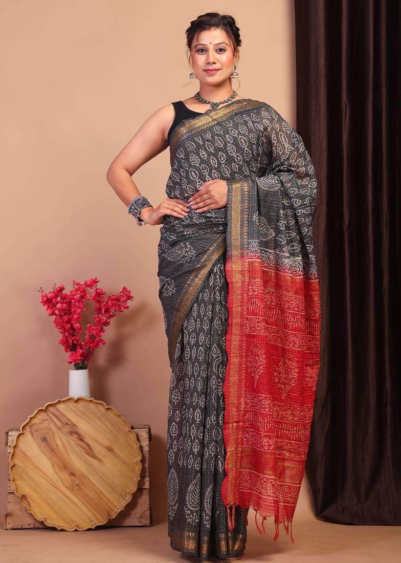black & red zari work, dabu embroidery cotton silk blend bhagalpuri ethnic saree with unstitched blouse