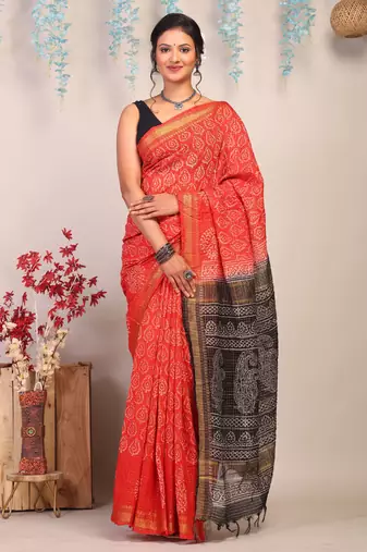 red & black zari work, dabu embroidery cotton silk blend bhagalpuri ethnic saree with unstitched blouse