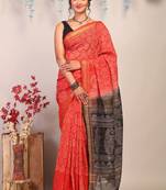 red & black zari work, dabu embroidery cotton silk blend bhagalpuri ethnic saree with unstitched blouse