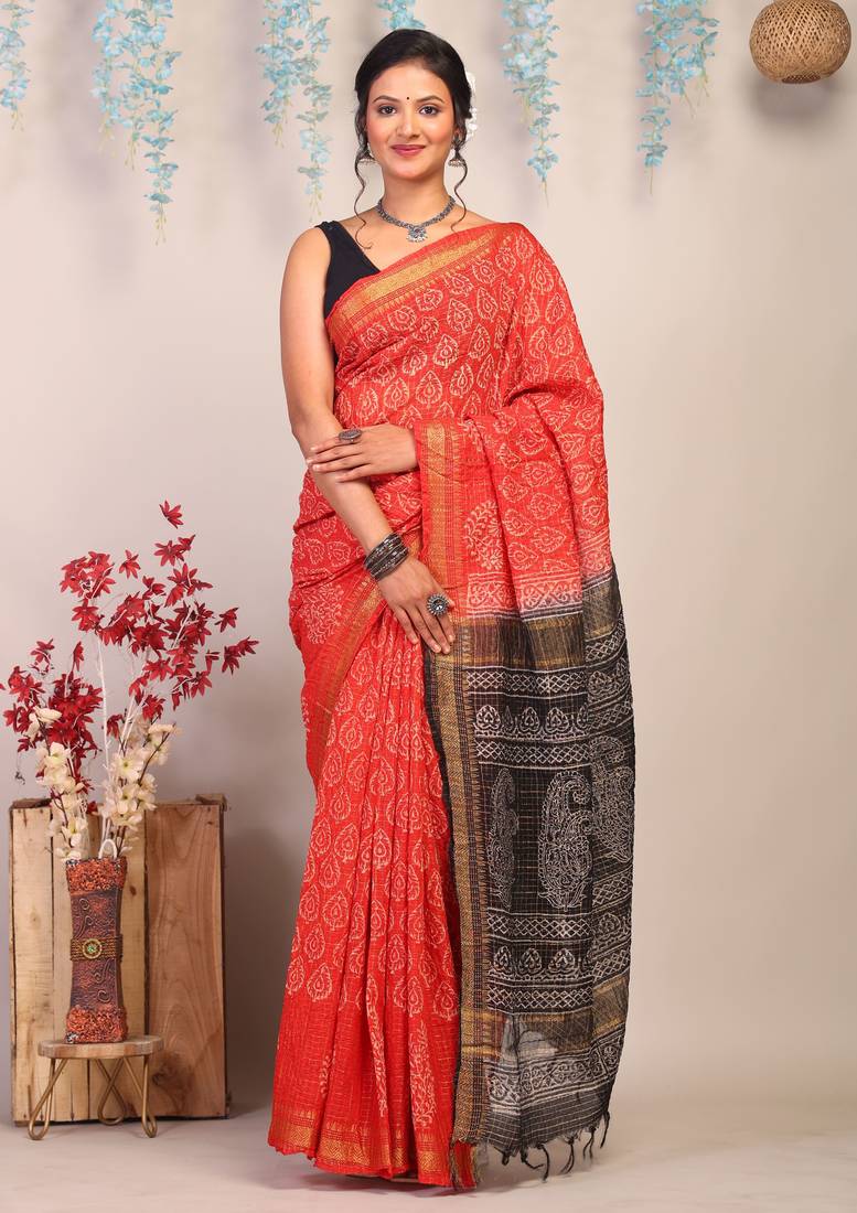 red & black zari work, dabu embroidery cotton silk blend bhagalpuri ethnic saree with unstitched blouse