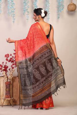 red & black zari work, dabu embroidery cotton silk blend bhagalpuri ethnic saree with unstitched blouse 2