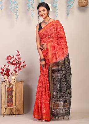 red & black zari work, dabu embroidery cotton silk blend bhagalpuri ethnic saree with unstitched blouse 3