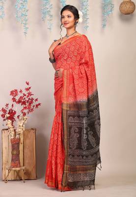 red & black zari work, dabu embroidery cotton silk blend bhagalpuri ethnic saree with unstitched blouse 4