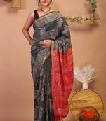 black & red zari work, dabu embroidery cotton silk blend bhagalpuri ethnic saree with unstitched blouse