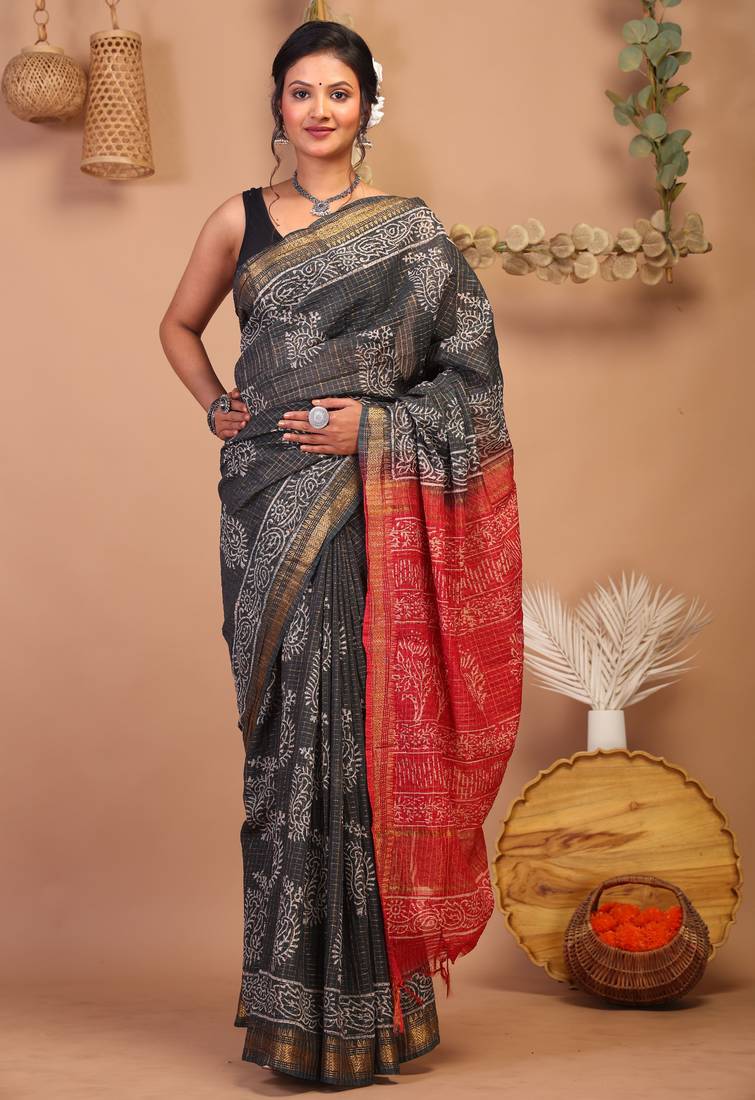 black & red zari work, dabu embroidery cotton silk blend bhagalpuri ethnic saree with unstitched blouse