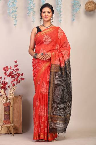 red & black zari work, dabu embroidery cotton silk blend bhagalpuri ethnic saree with unstitched blouse