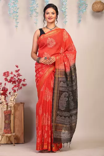 red & black zari work, dabu embroidery cotton silk blend bhagalpuri ethnic saree with unstitched blouse