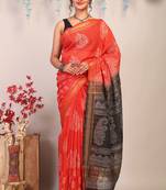 red & black zari work, dabu embroidery cotton silk blend bhagalpuri ethnic saree with unstitched blouse