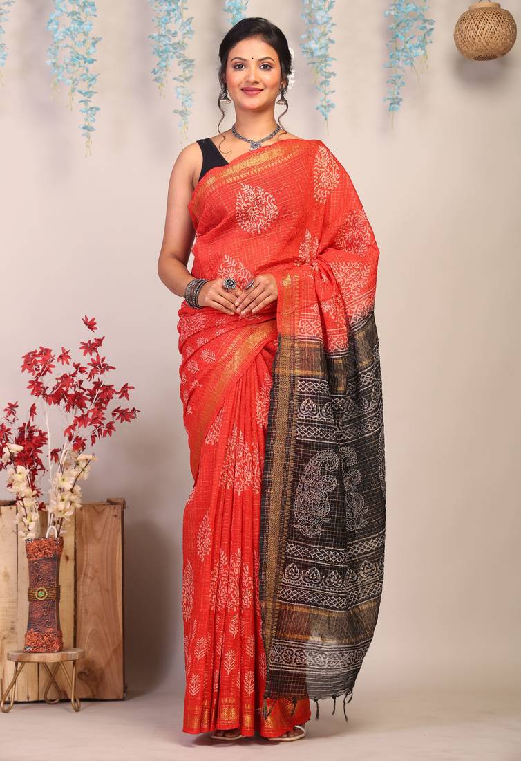 red & black zari work, dabu embroidery cotton silk blend bhagalpuri ethnic saree with unstitched blouse