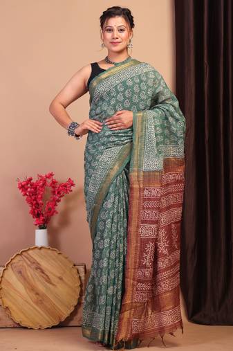 green & brown zari work, dabu embroidery cotton silk blend bhagalpuri ethnic saree with unstitched blouse