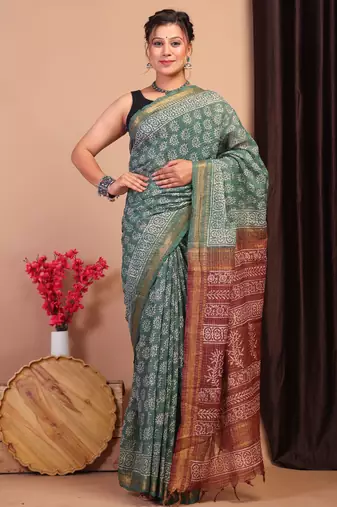 green & brown zari work, dabu embroidery cotton silk blend bhagalpuri ethnic saree with unstitched blouse
