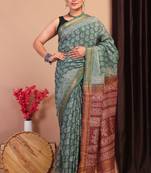 green & brown zari work, dabu embroidery cotton silk blend bhagalpuri ethnic saree with unstitched blouse