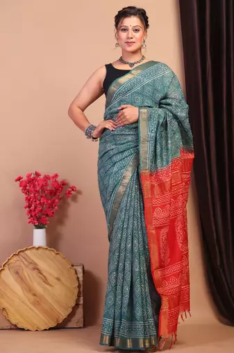 teal green & red zari work, dabu embroidery cotton silk blend bhagalpuri ethnic saree with unstitched blouse