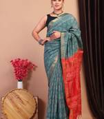 teal green & red zari work, dabu embroidery cotton silk blend bhagalpuri ethnic saree with unstitched blouse