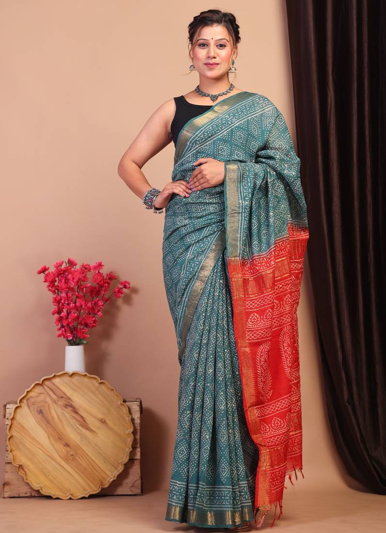 teal green & red zari work, dabu embroidery cotton silk blend bhagalpuri ethnic saree with unstitched blouse