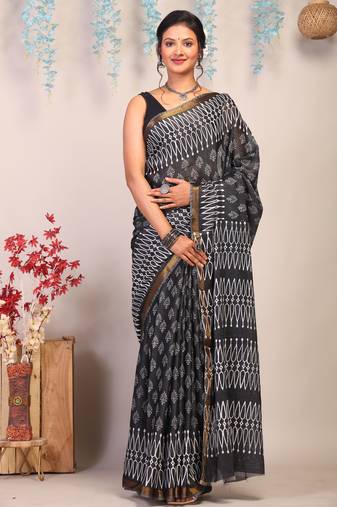 black & white zari work cotton silk blend bhagalpuri ethnic saree with unstitched blouse