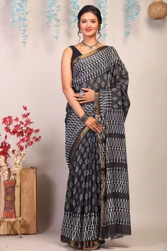black & white zari work cotton silk blend bhagalpuri ethnic saree with unstitched blouse