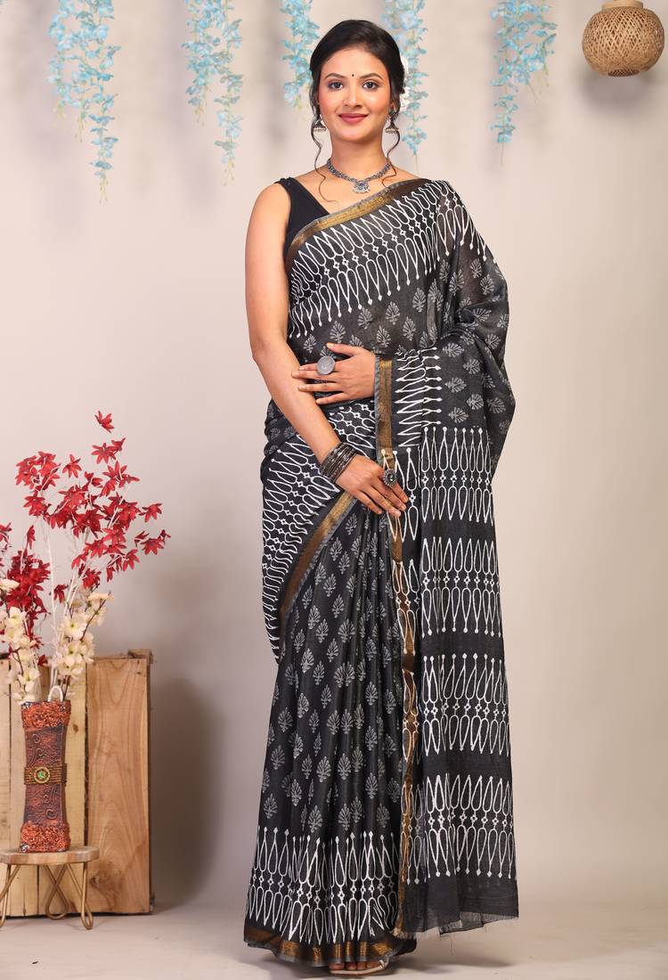 black & white zari work cotton silk blend bhagalpuri ethnic saree with unstitched blouse