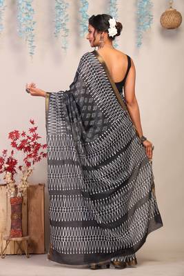 black & white zari work cotton silk blend bhagalpuri ethnic saree with unstitched blouse 2
