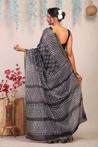 black & white zari work cotton silk blend bhagalpuri ethnic saree with unstitched blouse