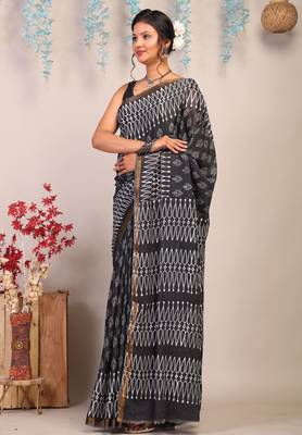 black & white zari work cotton silk blend bhagalpuri ethnic saree with unstitched blouse 3
