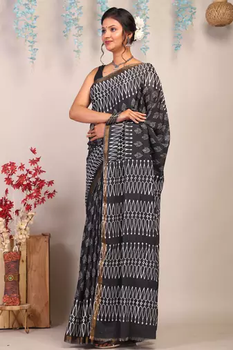 black & white zari work cotton silk blend bhagalpuri ethnic saree with unstitched blouse