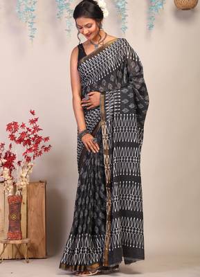 black & white zari work cotton silk blend bhagalpuri ethnic saree with unstitched blouse 4