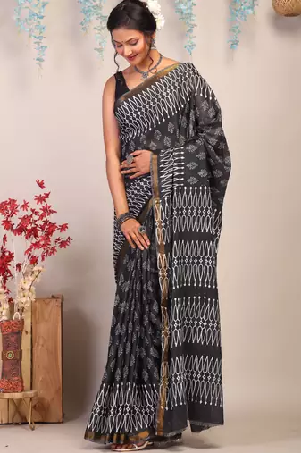 black & white zari work cotton silk blend bhagalpuri ethnic saree with unstitched blouse