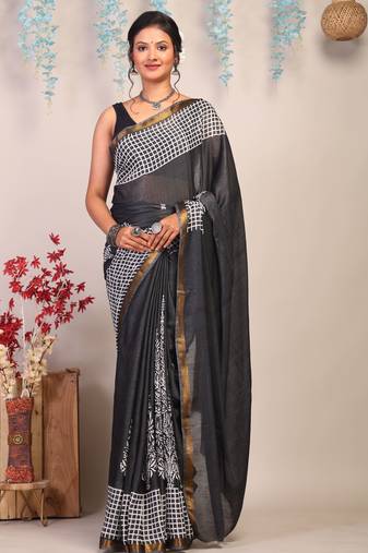 black & white zari work cotton silk blend bhagalpuri ethnic saree with unstitched blouse